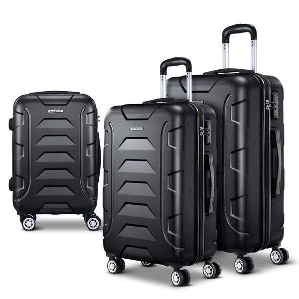 Wanderlite 3pc Luggage Travel Sets Suitcase Trolley TSA Lock Black Wanderlite