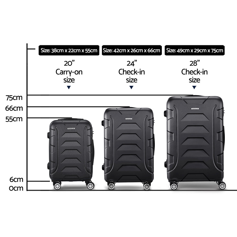 Wanderlite 3pc Luggage Travel Sets Suitcase Trolley TSA Lock Black Wanderlite