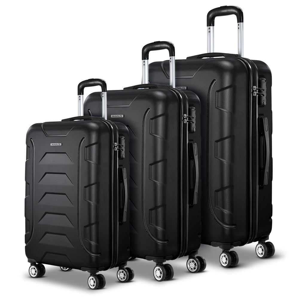 Wanderlite 3pc Luggage Travel Sets Suitcase Trolley TSA Lock Black Wanderlite