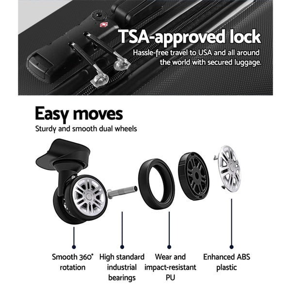 Wanderlite 3pc Luggage Travel Sets Suitcase Trolley TSA Lock Black Wanderlite