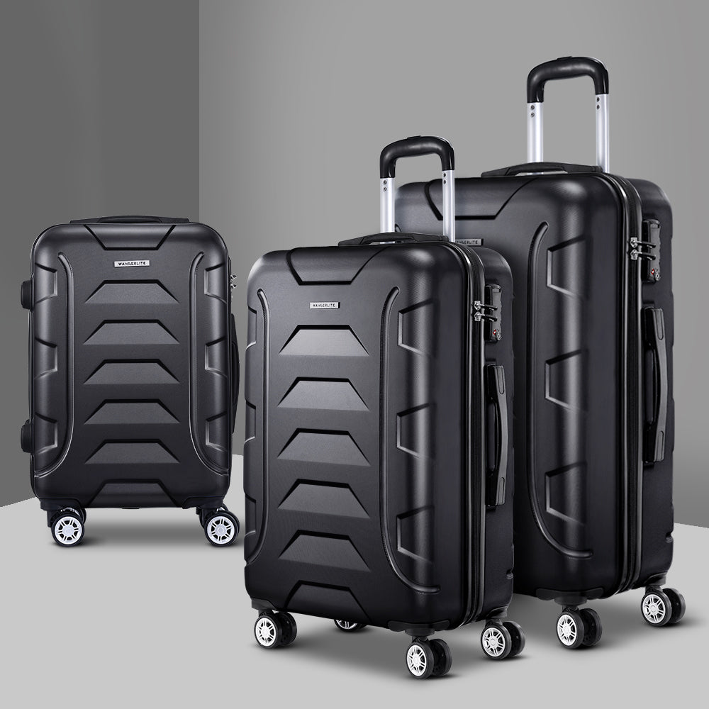 Wanderlite 3pc Luggage Travel Sets Suitcase Trolley TSA Lock Black Wanderlite