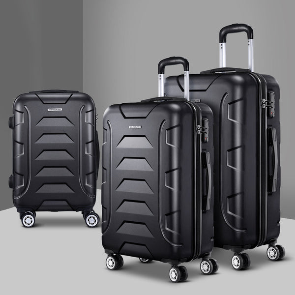 Wanderlite 3pc Luggage Travel Sets Suitcase Trolley TSA Lock Black Wanderlite