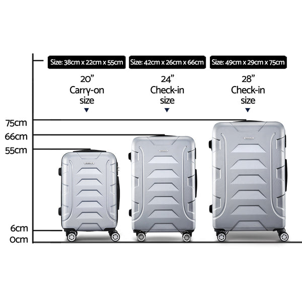 Wanderlite 3pc Luggage Travel Sets Suitcase Trolley TSA Lock Silver Does not apply