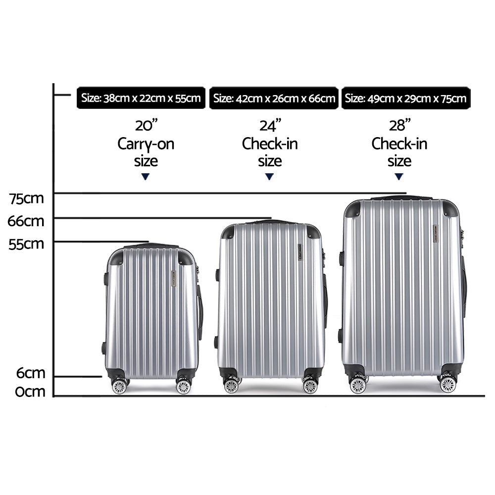 Wanderlite 3pc Luggage Sets Trolley Travel Suitcases TSA Hard Case Silver Wanderlite