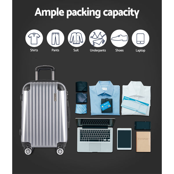 Wanderlite 3pc Luggage Sets Trolley Travel Suitcases TSA Hard Case Silver Wanderlite
