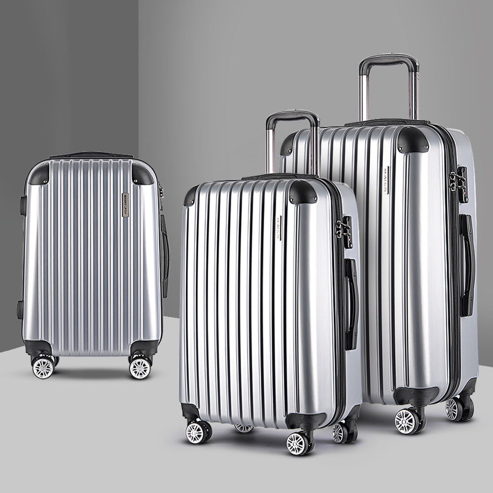 Wanderlite 3pc Luggage Sets Trolley Travel Suitcases TSA Hard Case Silver Wanderlite