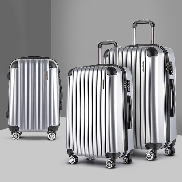 Wanderlite 3pc Luggage Sets Trolley Travel Suitcases TSA Hard Case Silver Wanderlite