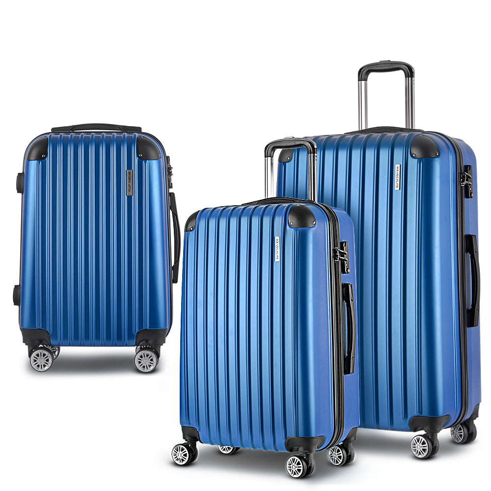 Wanderlite 3pcs Luggage Trolley Set Travel Suitcase Hard Case Carry On Bag Blue Wanderlite