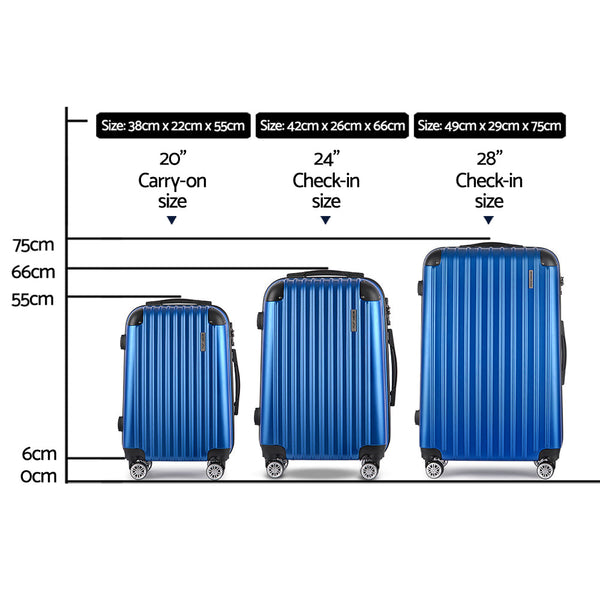 Wanderlite 3pcs Luggage Trolley Set Travel Suitcase Hard Case Carry On Bag Blue Wanderlite
