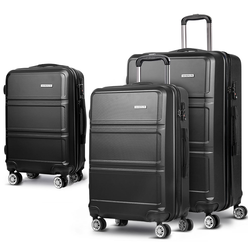 Wanderlite 3pc Luggage Trolley Set Suitcase Travel TSA Hard Case Black Wanderlite