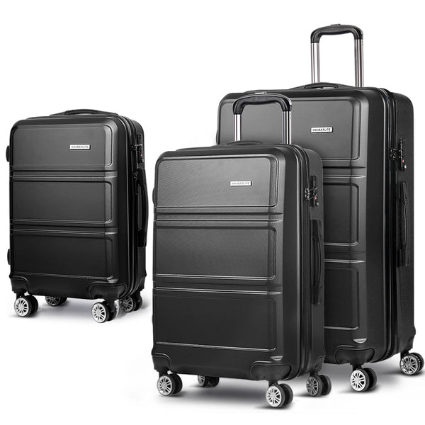 Wanderlite 3pc Luggage Trolley Set Suitcase Travel TSA Hard Case Black Wanderlite