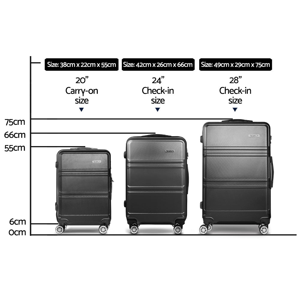Wanderlite 3pc Luggage Trolley Set Suitcase Travel TSA Hard Case Black Wanderlite