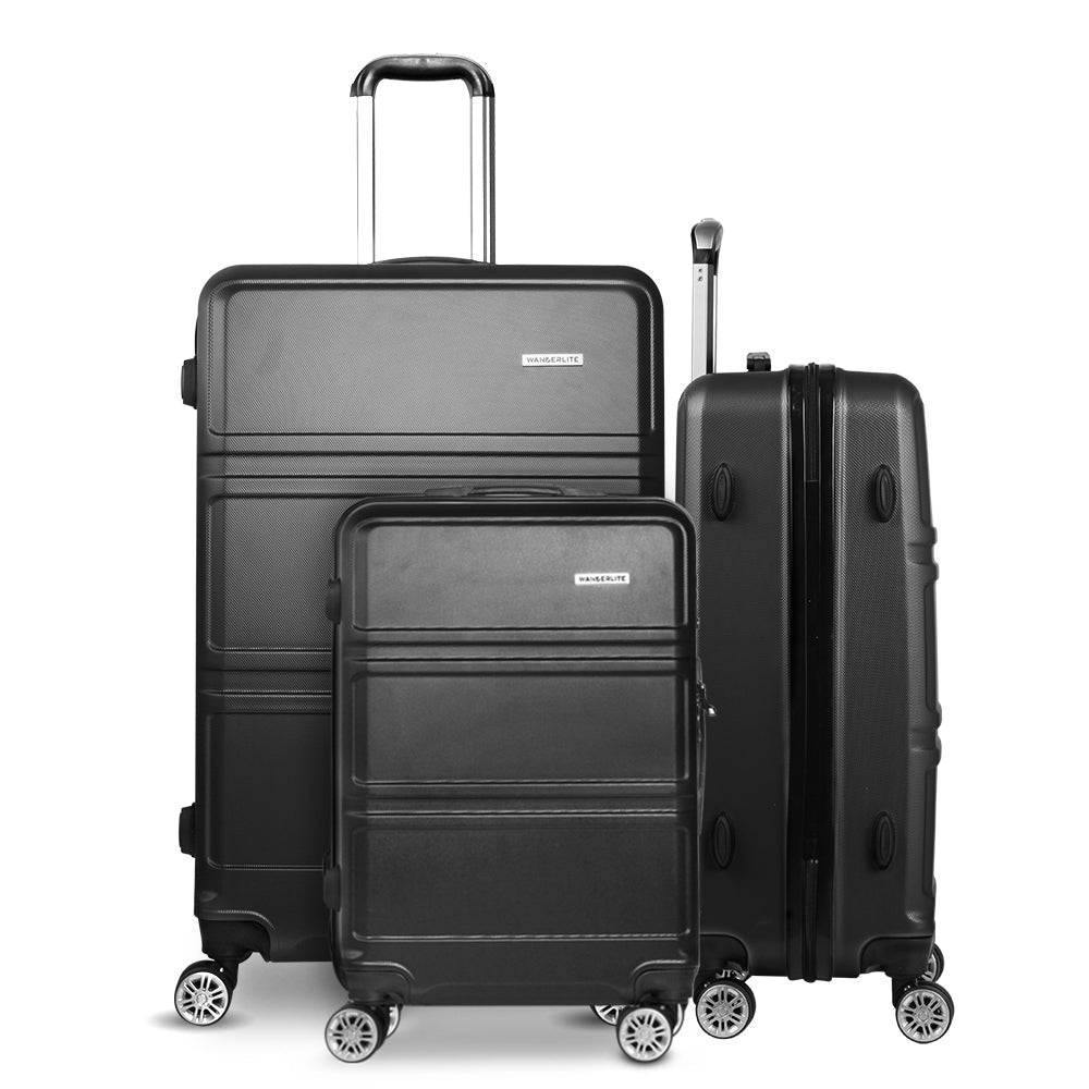 Wanderlite 3pc Luggage Trolley Set Suitcase Travel TSA Hard Case Black Wanderlite