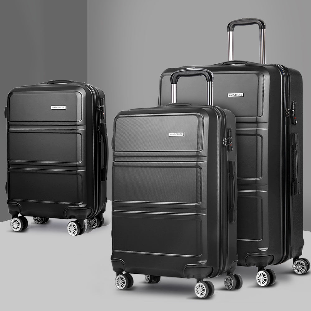 Wanderlite 3pc Luggage Trolley Set Suitcase Travel TSA Hard Case Black Wanderlite