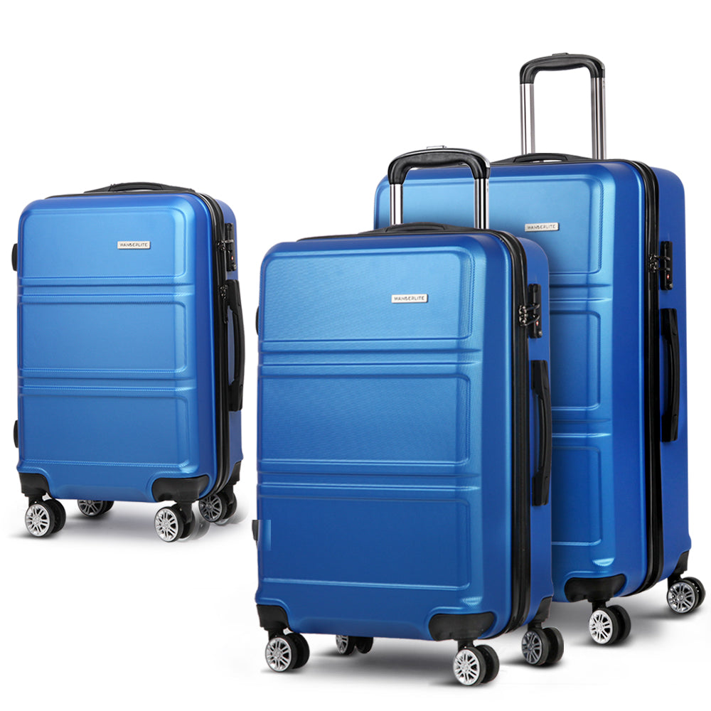 Wanderlite 3pc Luggage Trolley Set Suitcase Travel TSA Hard Case Blue Wanderlite