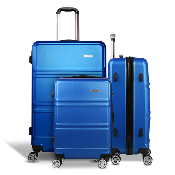 Wanderlite 3pc Luggage Trolley Set Suitcase Travel TSA Hard Case Blue Wanderlite