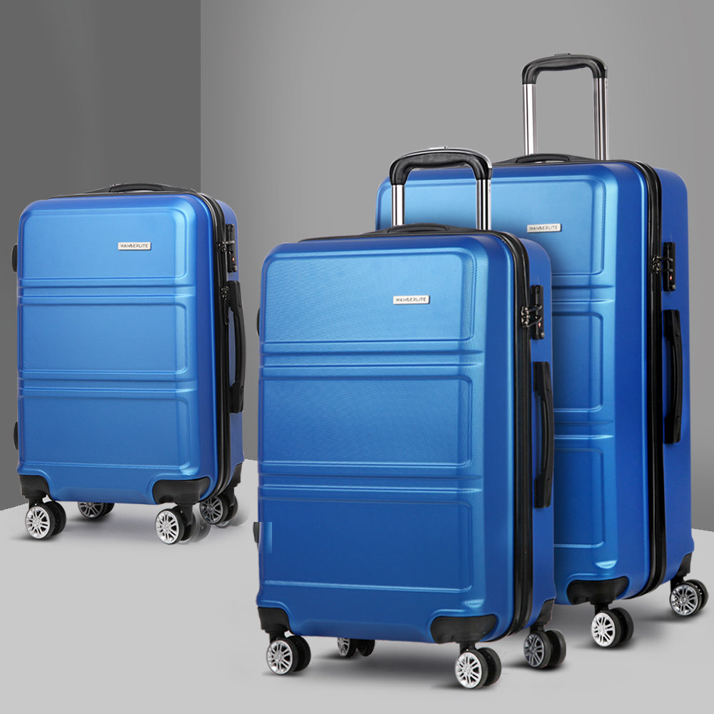 Wanderlite 3pc Luggage Trolley Set Suitcase Travel TSA Hard Case Blue Wanderlite