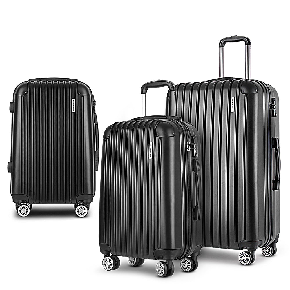 Wanderlite 3pcs Luggage Set Travel Suitcase Storage Organiser TSA Black Wanderlite