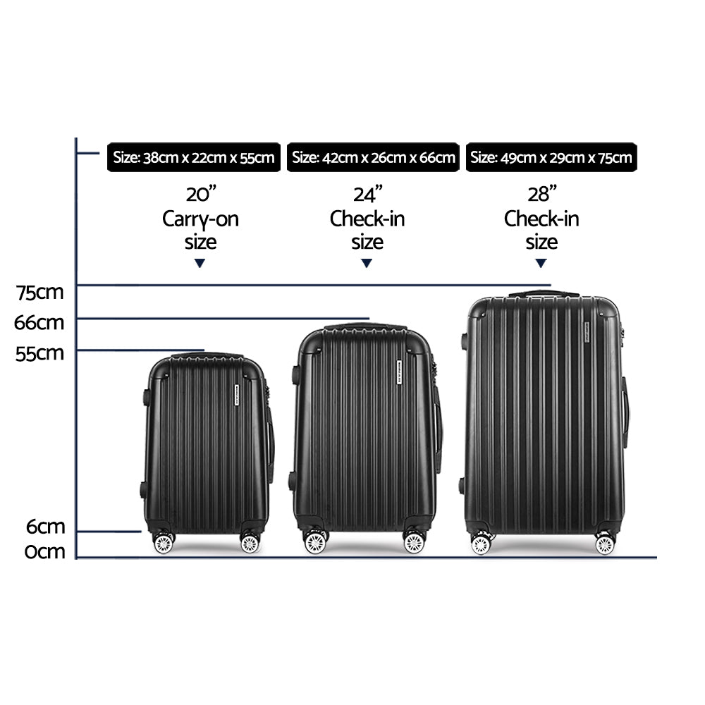 Wanderlite 3pcs Luggage Set Travel Suitcase Storage Organiser TSA Black Wanderlite