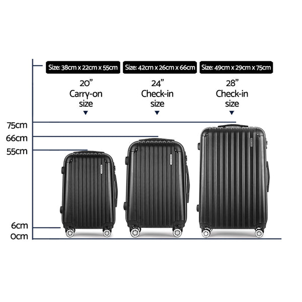 Wanderlite 3pcs Luggage Set Travel Suitcase Storage Organiser TSA Black Wanderlite