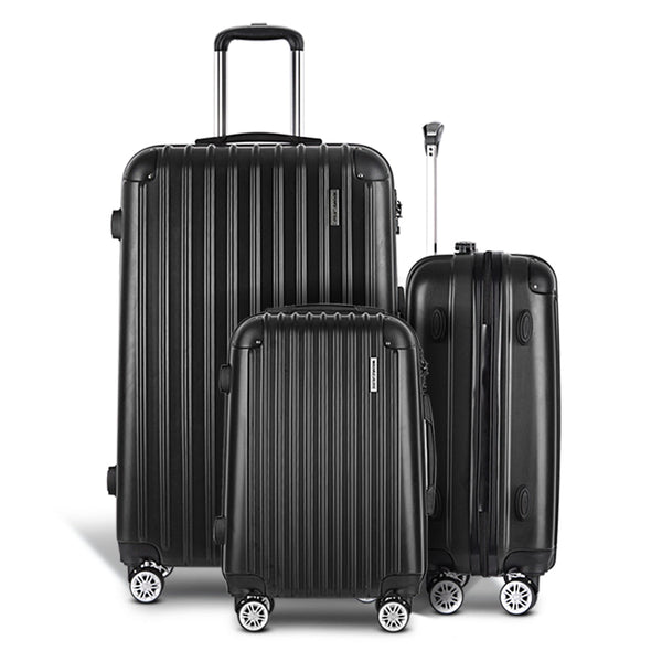 Wanderlite 3pcs Luggage Set Travel Suitcase Storage Organiser TSA Black Wanderlite