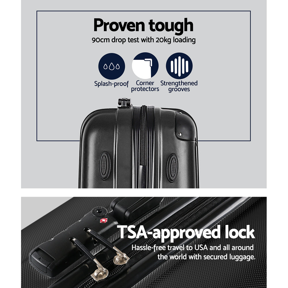 Wanderlite 3pcs Luggage Set Travel Suitcase Storage Organiser TSA Black Wanderlite