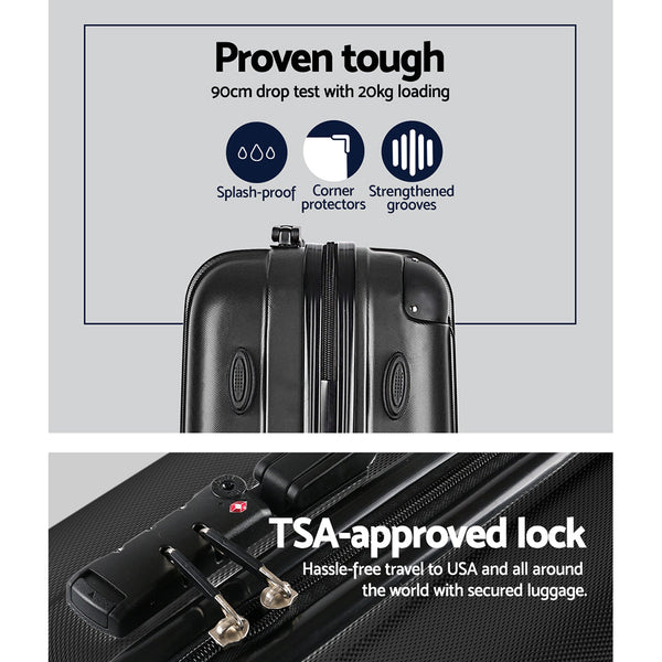 Wanderlite 3pcs Luggage Set Travel Suitcase Storage Organiser TSA Black Wanderlite