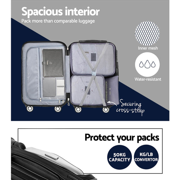 Wanderlite 3pcs Luggage Set Travel Suitcase Storage Organiser TSA Black Wanderlite