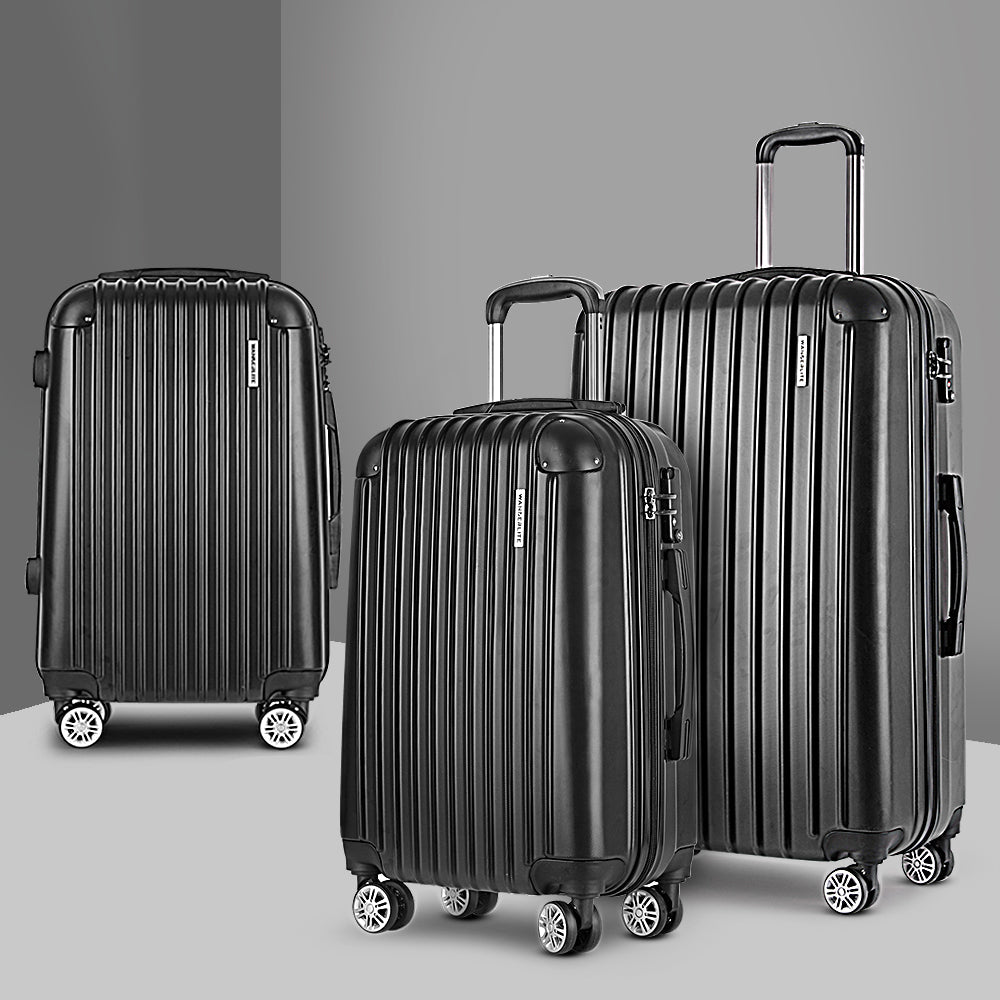 Wanderlite 3pcs Luggage Set Travel Suitcase Storage Organiser TSA Black Wanderlite