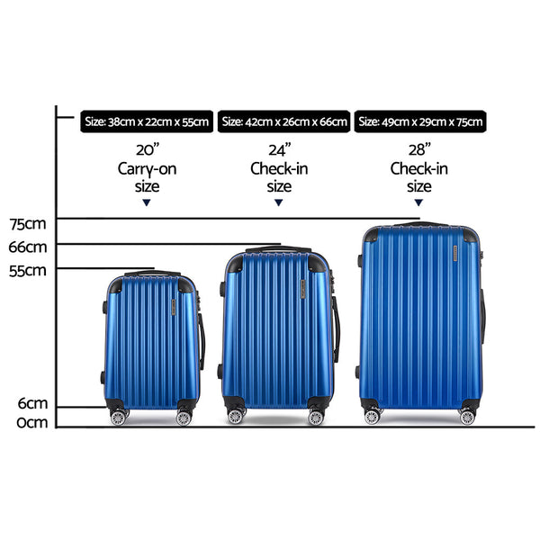 Wanderlite 3pcs Luggage Set Travel Suitcase Storage Organiser TSA lock Blue Does not apply