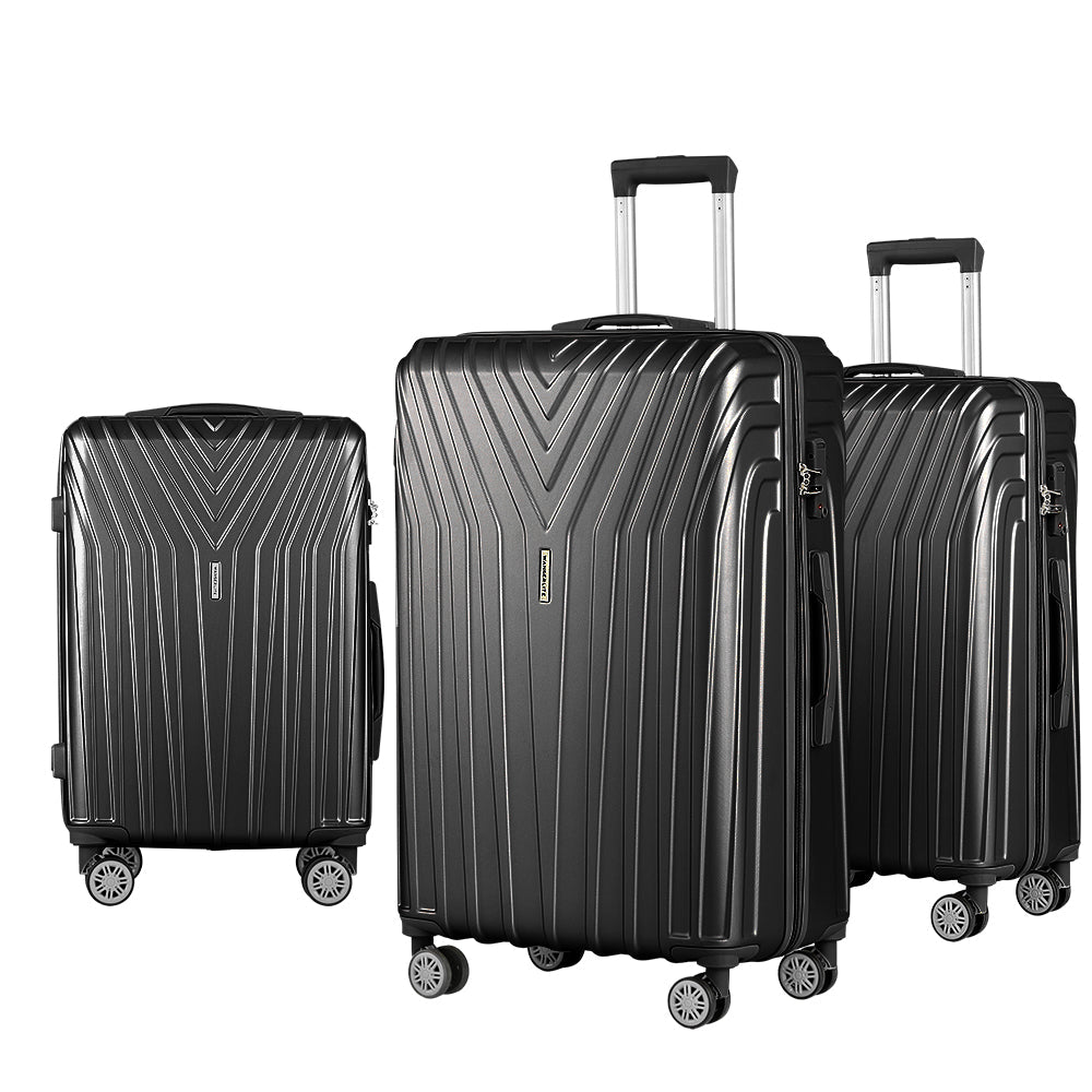 Wanderlite 3pc Luggage 20'' 24'' 28'' Trolley Suitcase Sets Travel TSA Hard Case Lightweight Black Wanderlite