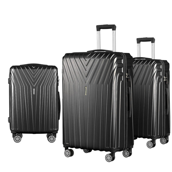 Wanderlite 3pc Luggage 20'' 24'' 28'' Trolley Suitcase Sets Travel TSA Hard Case Lightweight Black Wanderlite