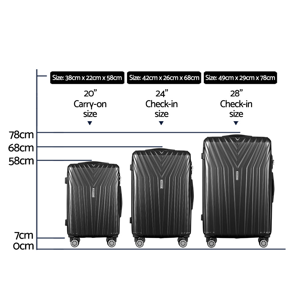 Wanderlite 3pc Luggage 20'' 24'' 28'' Trolley Suitcase Sets Travel TSA Hard Case Lightweight Black Wanderlite