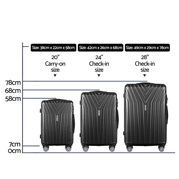 Wanderlite 3pc Luggage 20'' 24'' 28'' Trolley Suitcase Sets Travel TSA Hard Case Lightweight Black Wanderlite