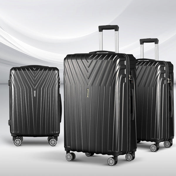Wanderlite 3pc Luggage 20'' 24'' 28'' Trolley Suitcase Sets Travel TSA Hard Case Lightweight Black Wanderlite