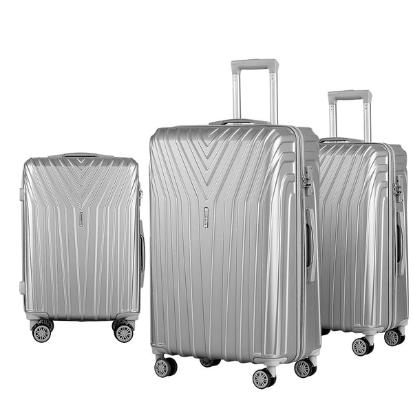 Wanderlite 3pc Luggage 20'' 24'' 28'' Trolley Suitcase Sets Travel TSA Hard Case Lightweight Silver Wanderlite
