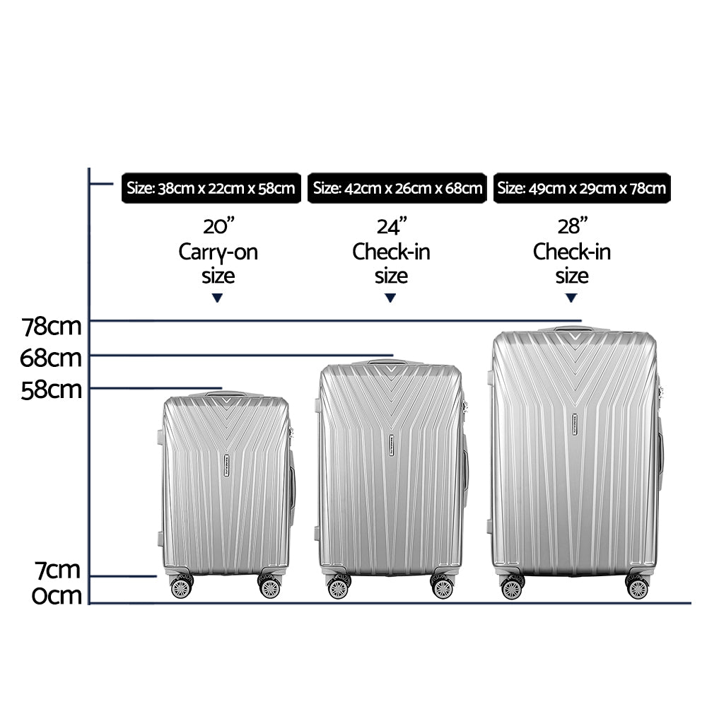 Wanderlite 3pc Luggage 20'' 24'' 28'' Trolley Suitcase Sets Travel TSA Hard Case Lightweight Silver Wanderlite