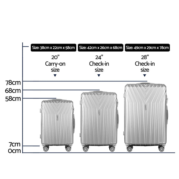 Wanderlite 3pc Luggage 20'' 24'' 28'' Trolley Suitcase Sets Travel TSA Hard Case Lightweight Silver Wanderlite