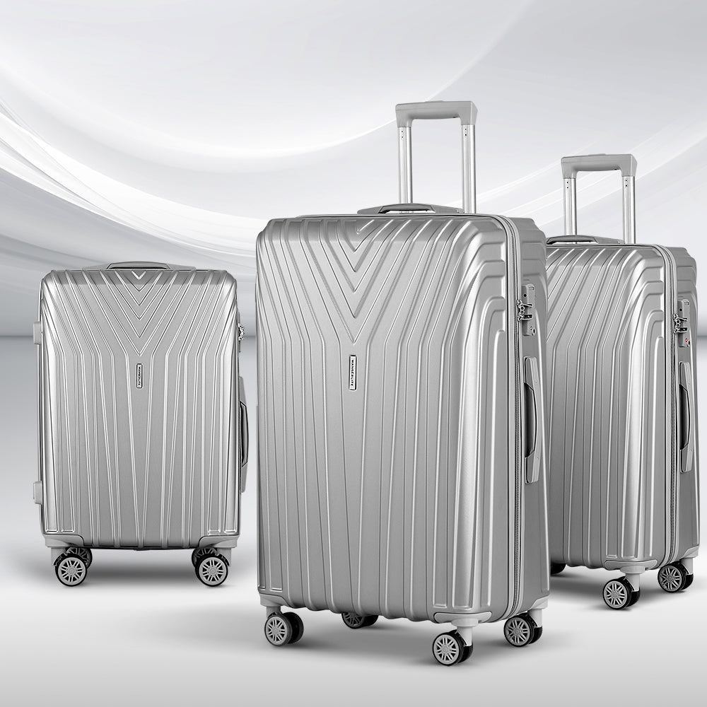 Wanderlite 3pc Luggage 20'' 24'' 28'' Trolley Suitcase Sets Travel TSA Hard Case Lightweight Silver Wanderlite