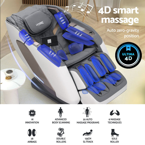 Livemor 4D Massage Chair Electric Recliner Double Core Mechanism Massager Melisa White Livemor