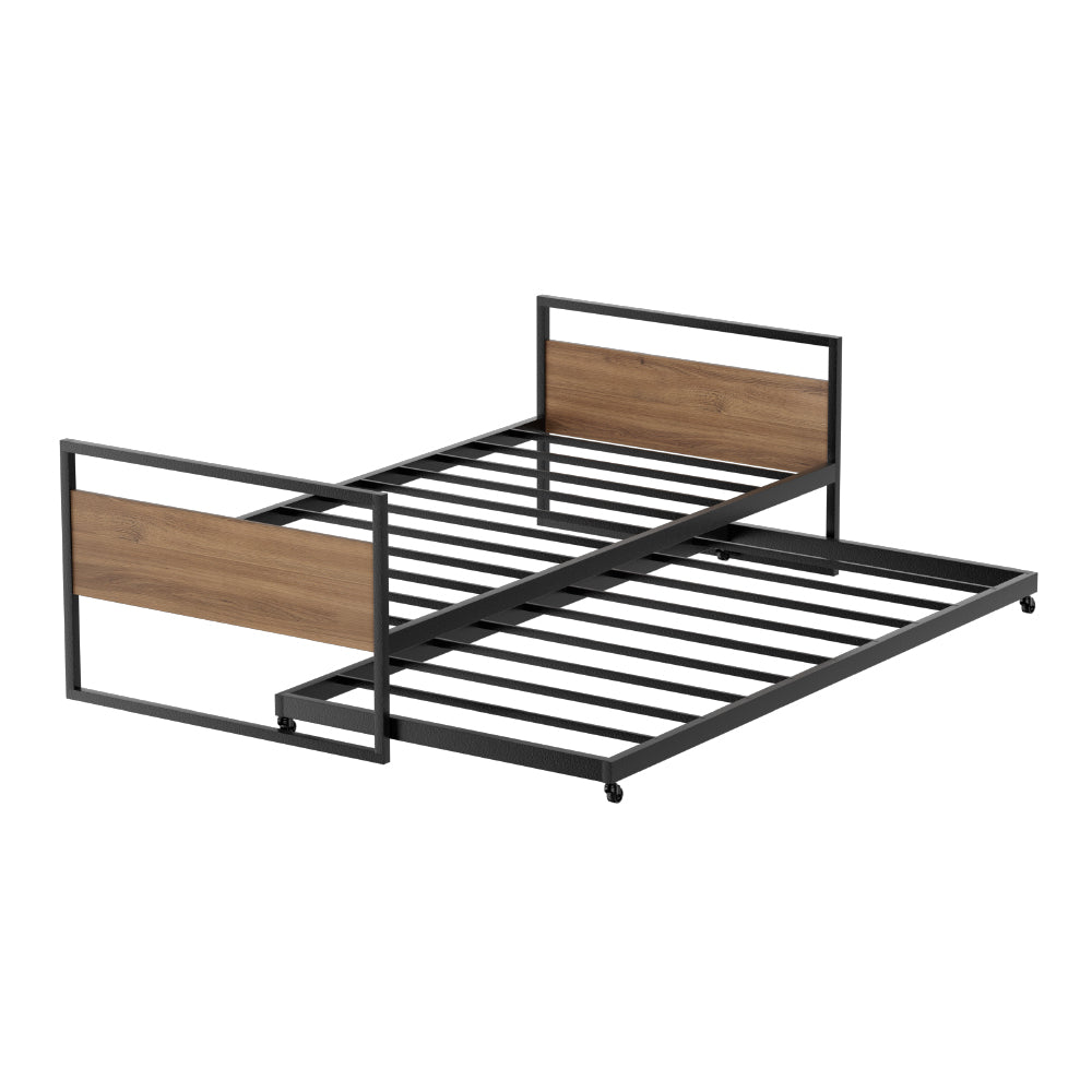 Artiss Bed Frame Metal Bed Base with Trundle Daybed Wooden Headboard Single DEAN Artiss