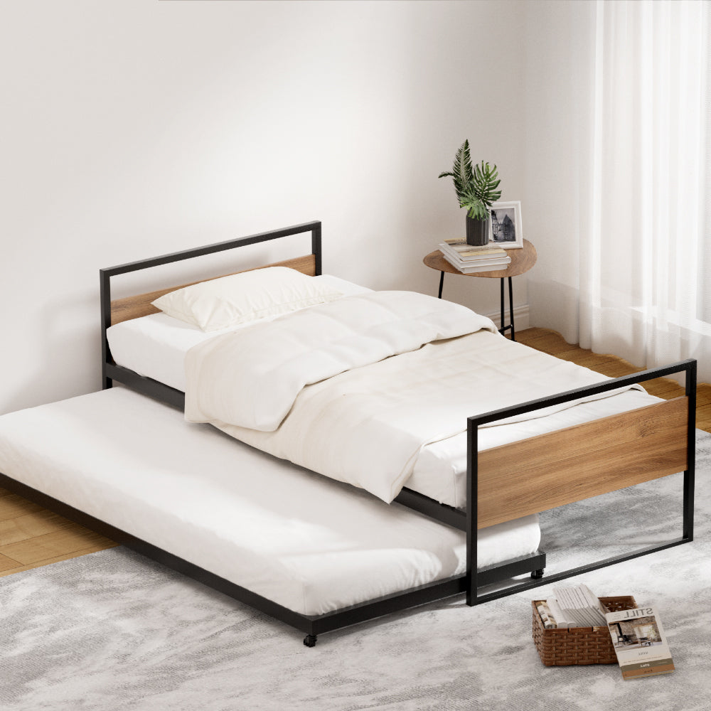 Artiss Bed Frame Metal Bed Base with Trundle Daybed Wooden Headboard Single DEAN Artiss