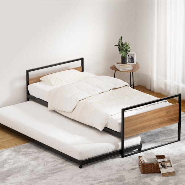 Artiss Bed Frame Metal Bed Base with Trundle Daybed Wooden Headboard Single DEAN Artiss
