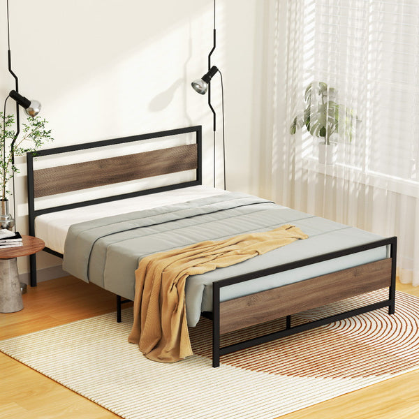 Artiss Bed Frame Metal Bed Base Double Size Platform Wooden Headboard Black DREW Artiss