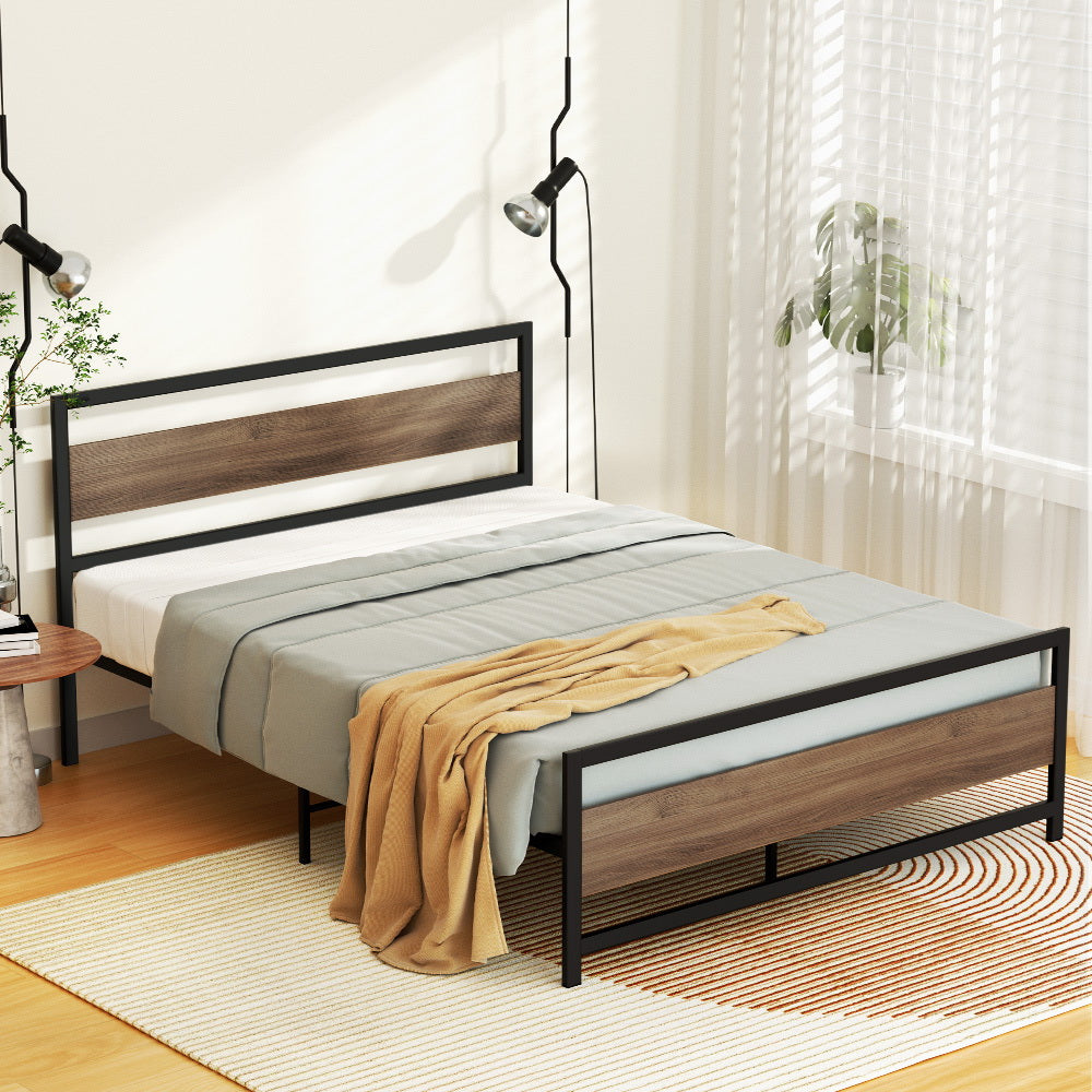 Artiss Bed Frame Metal Bed Base Queen Size Platform Wooden Headboard Black DREW Artiss