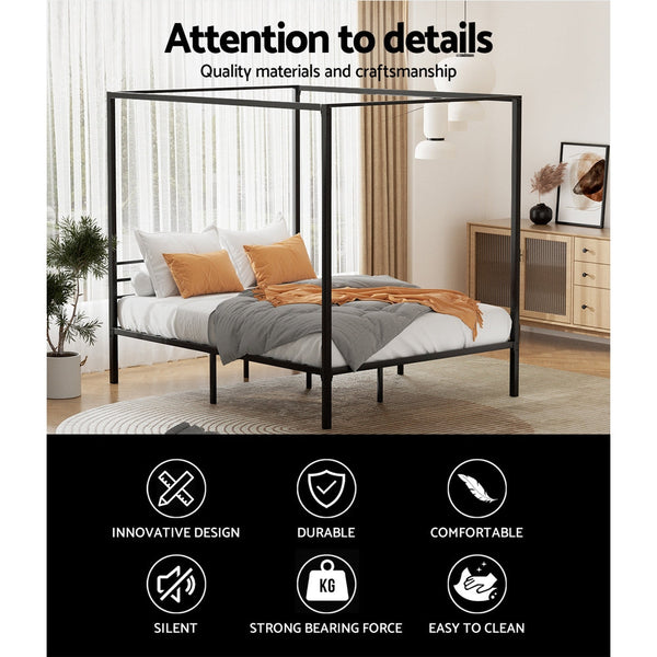 Artiss Bed Frame Metal Four-poster Platform Base Queen Size Black POCHY Artiss