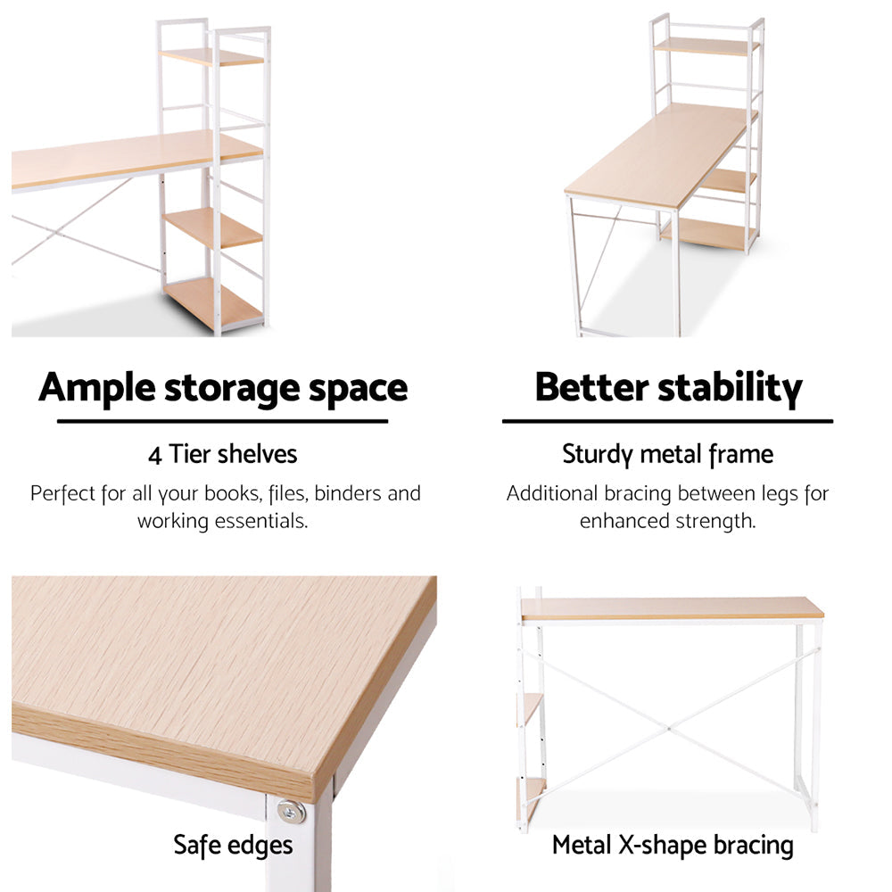 Artiss Metal Desk with Shelves - White with Oak Top Artiss