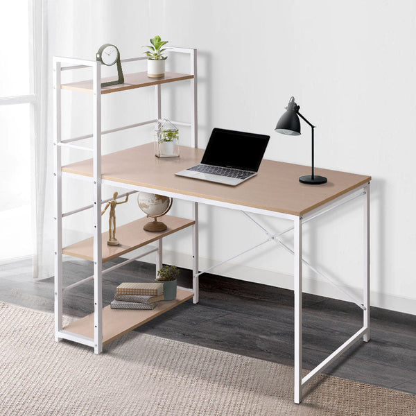 Artiss Metal Desk with Shelves - White with Oak Top Artiss