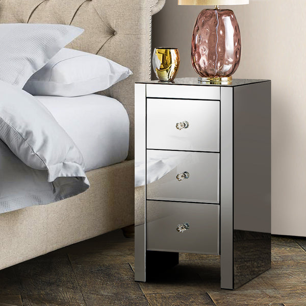 Artiss Mirrored Bedside Tables Drawers Crystal Chest Nightstand Glass Grey freeshipping - Awezingly