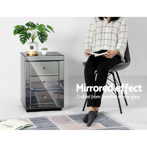Artiss Mirrored Bedside table Drawers Furniture Mirror Glass Presia Smoky Grey freeshipping - Awezingly